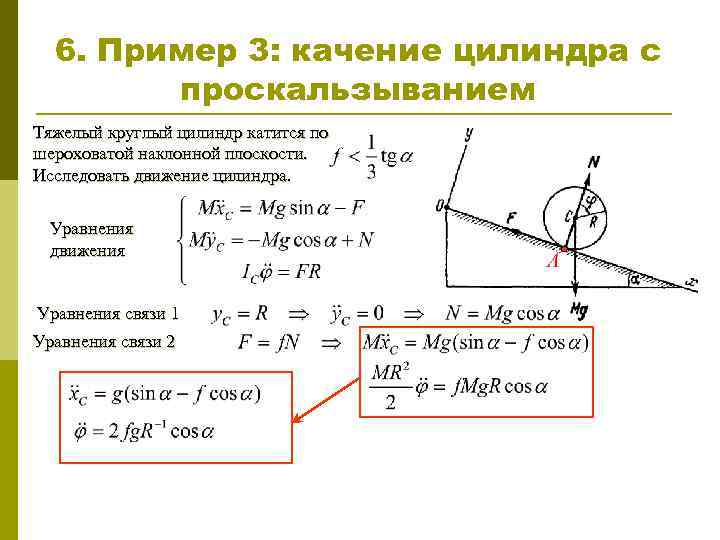 6. Пример 3: качение цилиндра с проскальзыванием Тяжелый круглый цилиндр катится по шероховатой наклонной