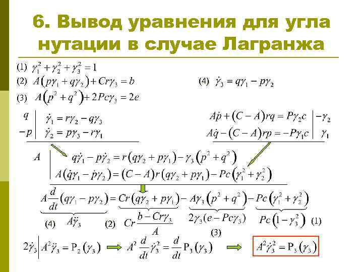 6. Вывод уравнения для угла нутации в случае Лагранжа (1) (2) (4) (3) (4)