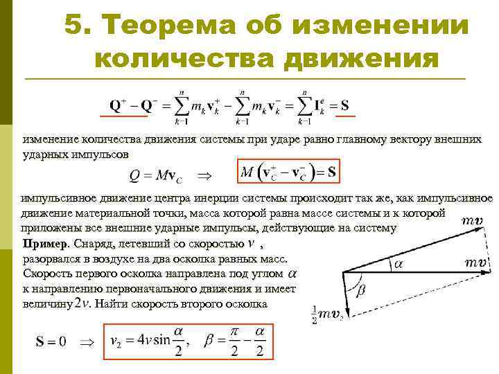 5. Теорема об изменении количества движения изменение количества движения системы при ударе равно главному