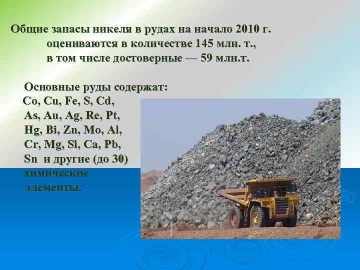Общие запасы никеля в рудах на начало 2010 г. оцениваются в количестве 145 млн.