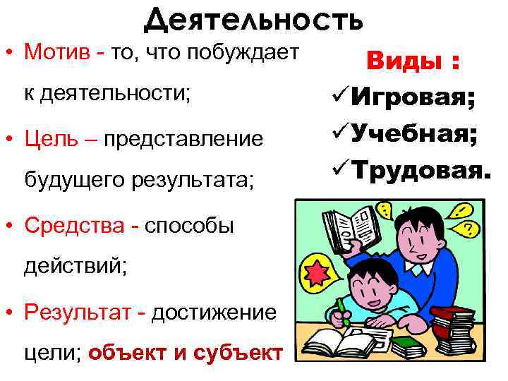 Деятельность • Мотив - то, что побуждает к деятельности; • Цель – представление будущего