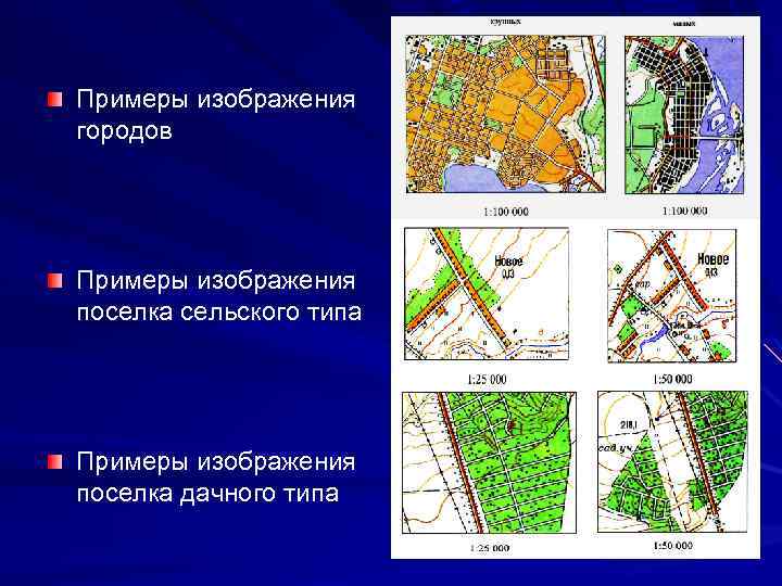 Примеры изображения городов Примеры изображения поселка сельского типа Примеры изображения поселка дачного типа 
