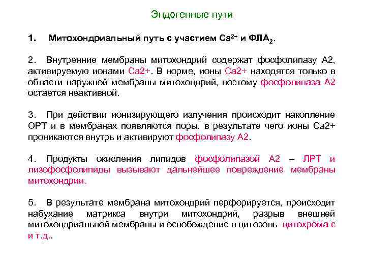 Эндогенные пути 1. Митохондриальный путь с участием Са 2+ и ФЛА 2. Внутренние мембраны