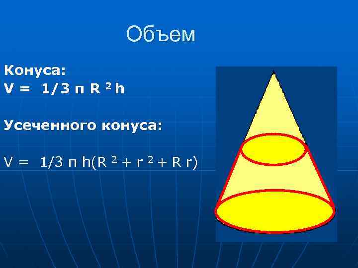Объем Конуса: V = 1/3 π R 2 h Усеченного конуса: V = 1/3