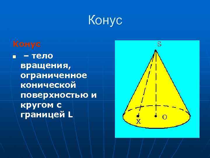 Конус n – тело вращения, ограниченное конической поверхностью и кругом с границей L 