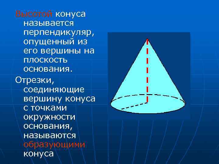Высотой конуса называется перпендикуляр, опущенный из его вершины на плоскость основания. Отрезки, соединяющие вершину