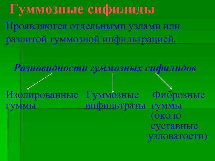 Гуммозные сифилиды Проявляются отдельными узлами или разлитой гуммозной инфильтрацией. Разновидности гуммозных сифилидов Изолированные Гуммозные