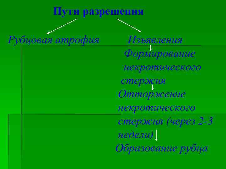 Пути разрешения Рубцовая атрофия Изъявления Формирование некротического стержня Отторжение некротического стержня (через 2 -3
