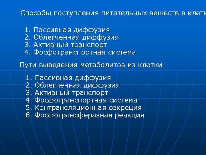 Способы поступления питательных веществ в клетк 1. 2. 3. 4. Пассивная диффузия Облегченная диффузия