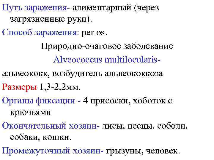 Путь заражения- алиментарный (через загрязненные руки). Способ заражения: per os. Природно-очаговое заболевание Alveococcus multilocularisальвеококк,