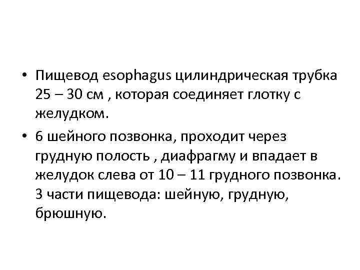  • Пищевод esophagus цилиндрическая трубка 25 – 30 см , которая соединяет глотку