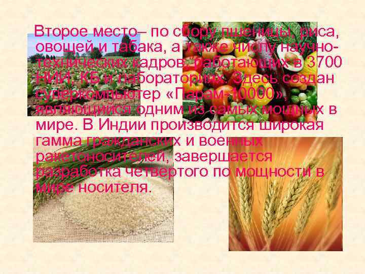 Второе место– по сбору пшеницы, риса, овощей и табака, а также числу научнотехнических кадров,