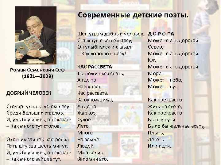 Современные детские поэты. Шел утром добрый человек. Стряхнув с ветвей росу, Он улыбнулся и