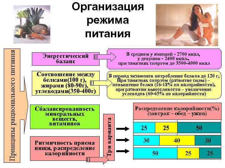 Энергетический баланс В среднем у юношей - 2700 ккал, у девушек - 2400 ккал.