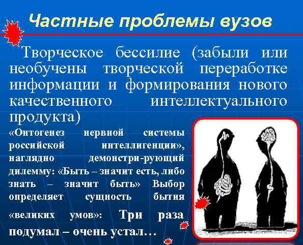 Частные проблемы вузов Творческое бессилие (забыли или необучены творческой переработке информации и формирования нового