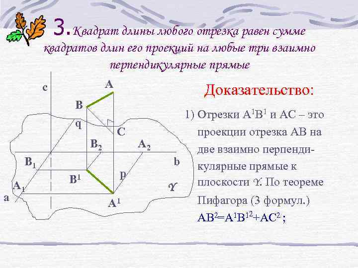 3. Квадрат длины любого отрезка равен сумме квадратов длин его проекций на любые три