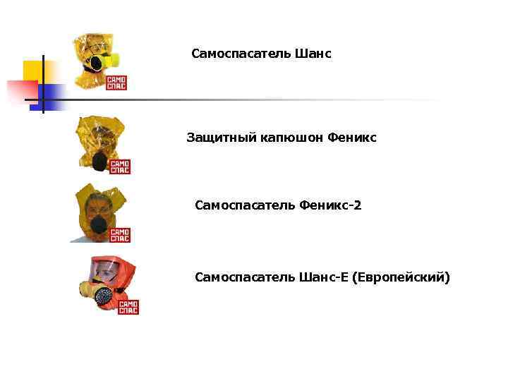 Самоспасатель Шанс Защитный капюшон Феникс Самоспасатель Феникс-2 Самоспасатель Шанс-Е (Европейский) 