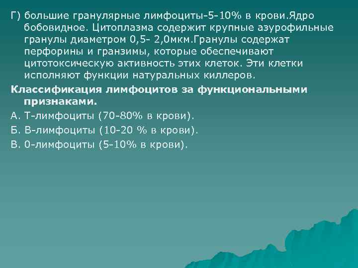 Г) большие гранулярные лимфоциты-5 -10% в крови. Ядро бобовидное. Цитоплазма содержит крупные азурофильные гранулы