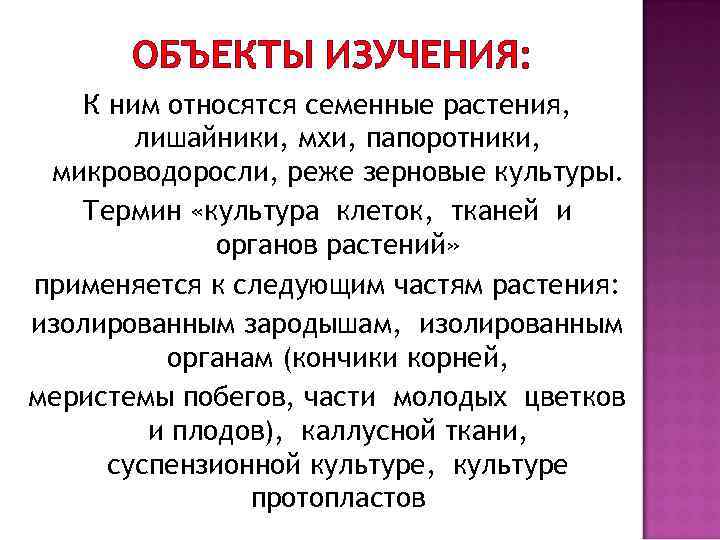 ОБЪЕКТЫ ИЗУЧЕНИЯ: К ним относятся семенные растения, лишайники, мхи, папоротники, микроводоросли, реже зерновые культуры.