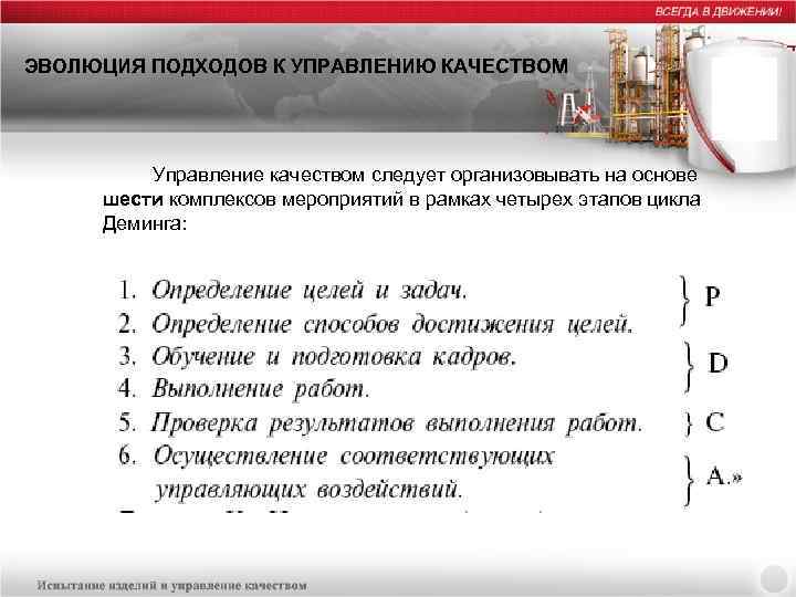 ЭВОЛЮЦИЯ ПОДХОДОВ К УПРАВЛЕНИЮ КАЧЕСТВОМ Управление качеством следует организовывать на основе шести комплексов мероприятий