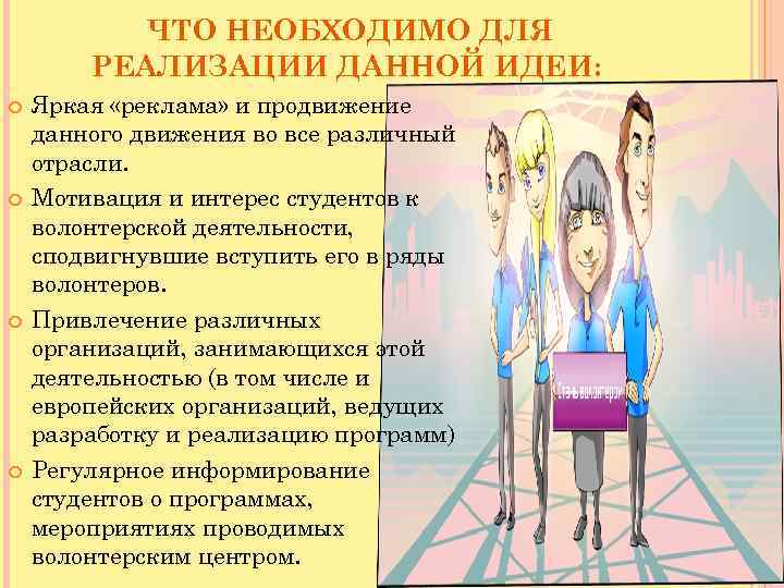 ЧТО НЕОБХОДИМО ДЛЯ РЕАЛИЗАЦИИ ДАННОЙ ИДЕИ: Яркая «реклама» и продвижение данного движения во все