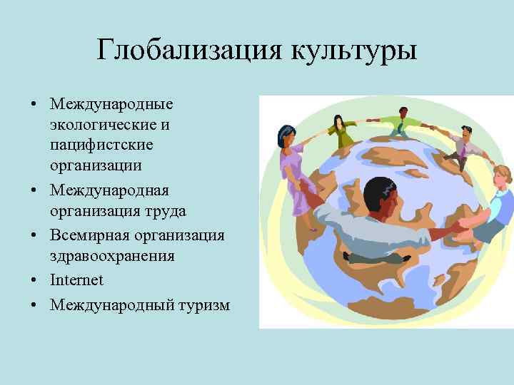 Глобализация культуры • Международные экологические и пацифистские организации • Международная организация труда • Всемирная