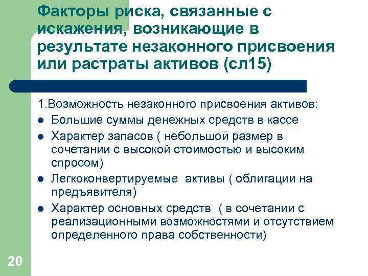Факторы риска, связанные с искажения, возникающие в результате незаконного присвоения или растраты активов (сл