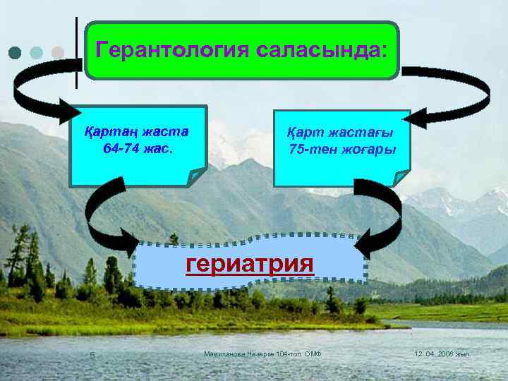 Герантология саласында: Қартаң жаста 64 -74 жас. Қарт жастағы 75 -тен жоғары гериатрия 5