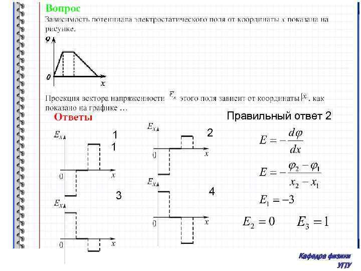 Правильный ответ 2 1 1 3 2 4 Кафедра физики УГТУ 