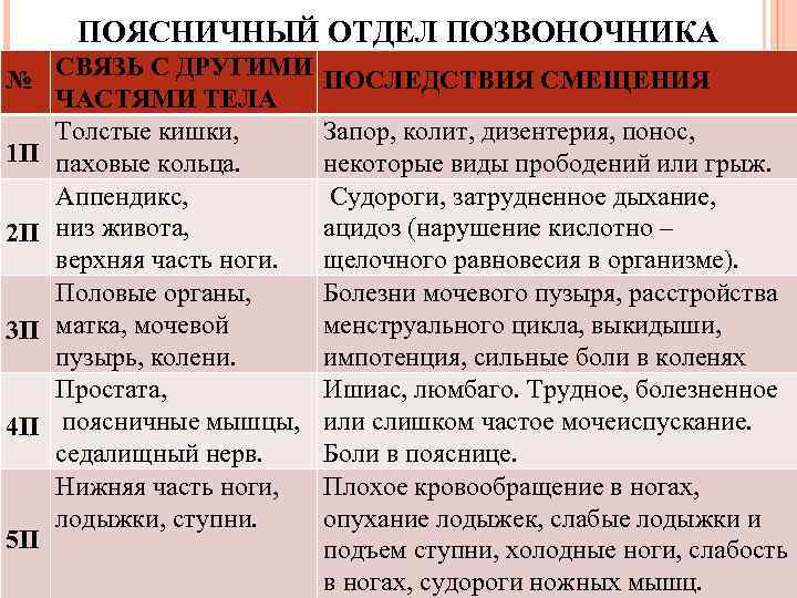 ПОЯСНИЧНЫЙ ОТДЕЛ ПОЗВОНОЧНИКА № СВЯЗЬ С ДРУГИМИ ЧАСТЯМИ ТЕЛА Толстые кишки, 1 П паховые