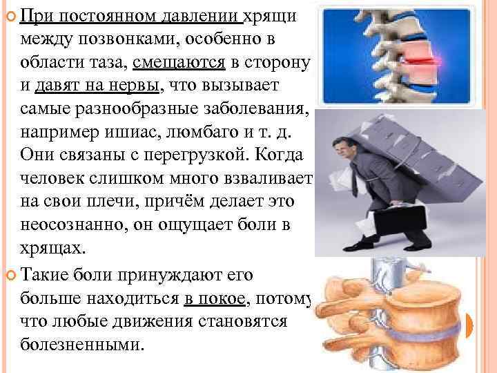  При постоянном давлении хрящи между позвонками, особенно в области таза, смещаются в сторону