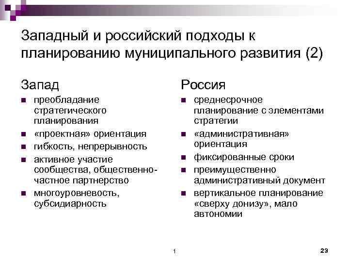 Западный и российский подходы к планированию муниципального развития (2) Запад n n n Россия