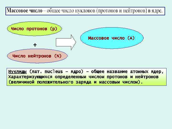 Число протонов (р) Массовое число (А) + Число нейтронов (N) Нуклиды (лат. nucleus –