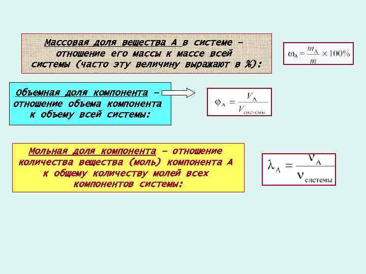 Массовая доля вещества A в системе – отношение его массы к массе всей системы