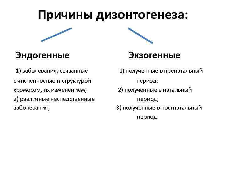 Причины дизонтогенеза: Эндогенные Экзогенные 1) заболевания, связанные 1) полученные в пренатальный с численностью и