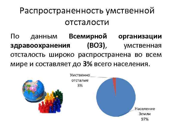 Распространенность умственной отсталости По данным Всемирной организации здравоохранения (ВОЗ), умственная отсталость широко распространена во