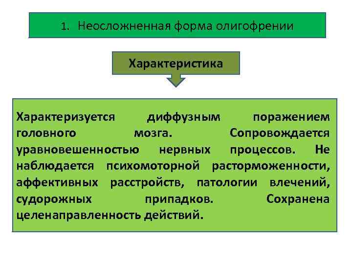 1. Неосложненная форма олигофрении Характеристика Характеризуется диффузным поражением головного мозга. Сопровождается уравновешенностью нервных процессов.