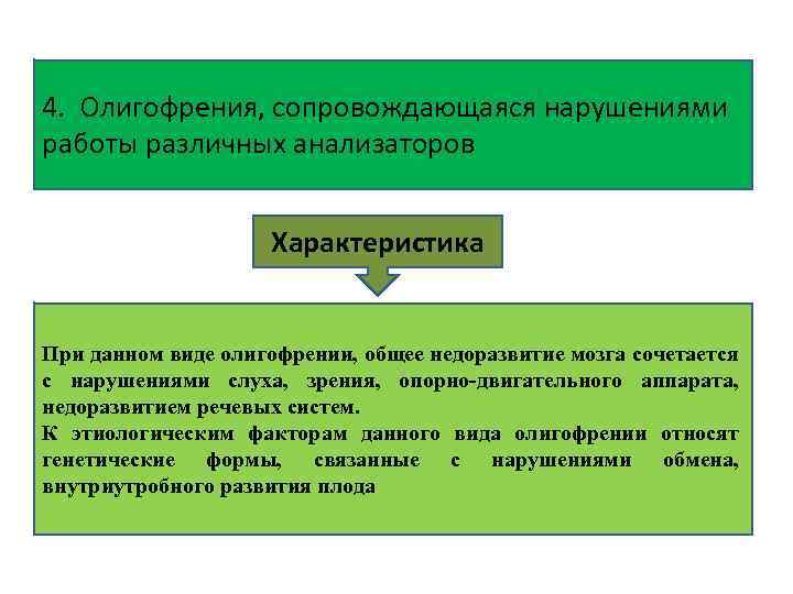 4. Олигофрения, сопровождающаяся нарушениями работы различных анализаторов Характеристика При данном виде олигофрении, общее недоразвитие