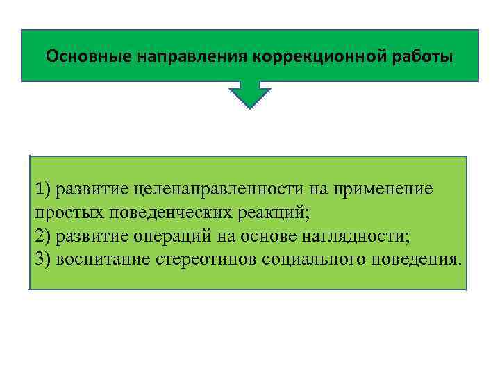 Основные направления коррекционной работы 1) развитие целенаправленности на применение простых поведенческих реакций; 2) развитие