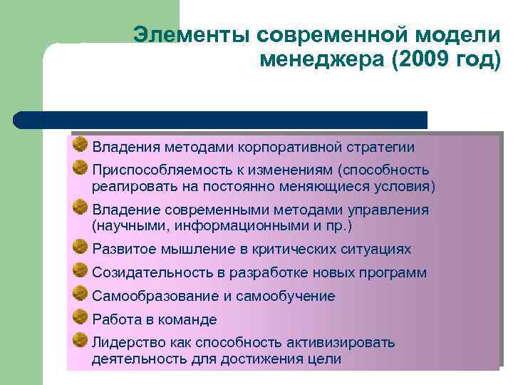 Элементы современной модели менеджера (2009 год) Владения методами корпоративной стратегии Приспособляемость к изменениям (способность