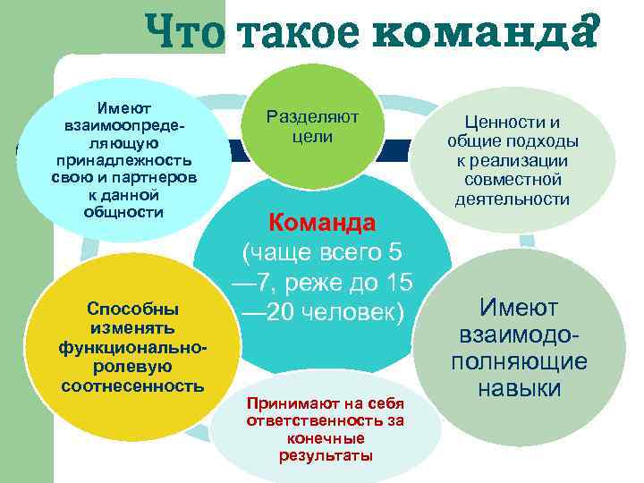 Что такое команда ? Имеют взаимоопределяющую принадлежность свою и партнеров к данной общности Способны