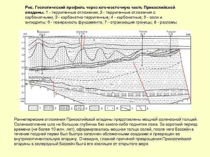 Рис. Геологический профиль через юго-восточную часть Прикаспийской впадины. 1 - терригенные отложения; 2 -