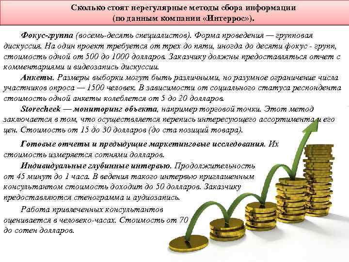 Сколько стоят нерегулярные методы сбора информации (по данным компании «Интеррос» ). Фокус-группа (восемь-десять специалистов).