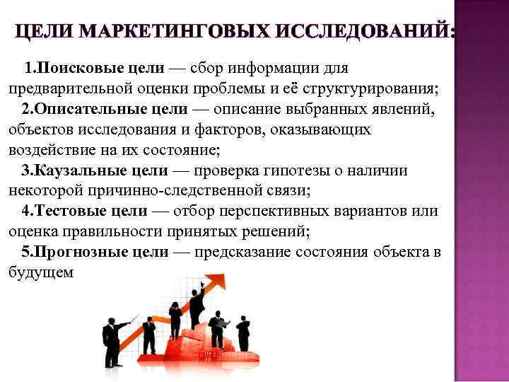 ЦЕЛИ МАРКЕТИНГОВЫХ ИССЛЕДОВАНИЙ: 1. Поисковые цели — сбор информации для предварительной оценки проблемы и