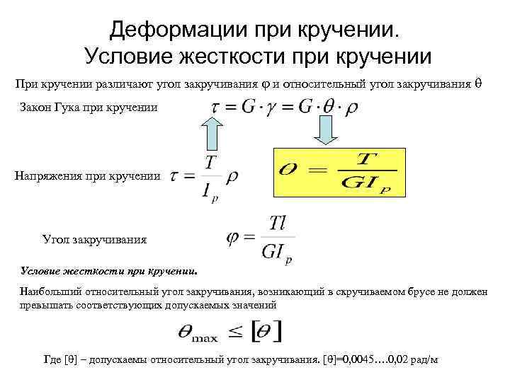 Деформации при кручении. Условие жесткости при кручении При кручении различают угол закручивания и относительный