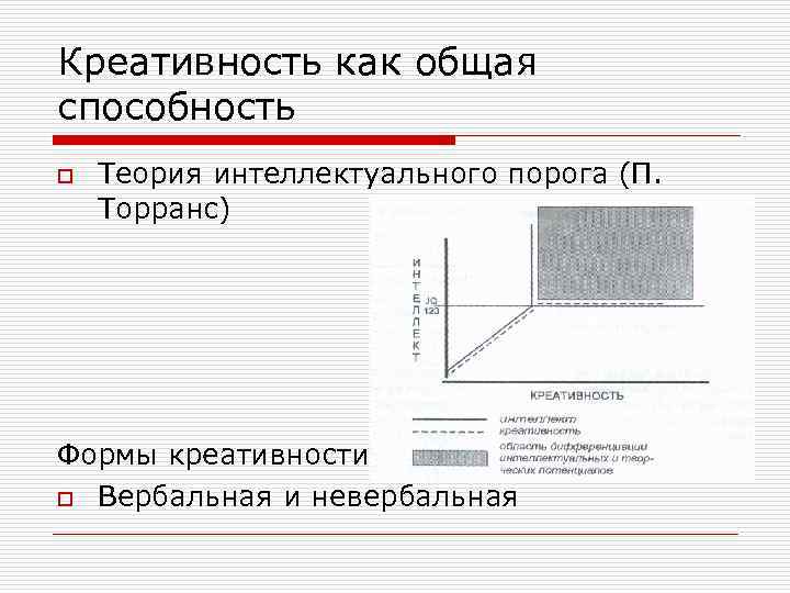 Креативность как общая способность o Теория интеллектуального порога (П. Торранс) Формы креативности: o Вербальная