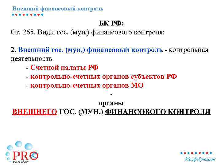 Внешний финансовый контроль БК РФ: Ст. 265. Виды гос. (мун. ) финансового контроля: 2.