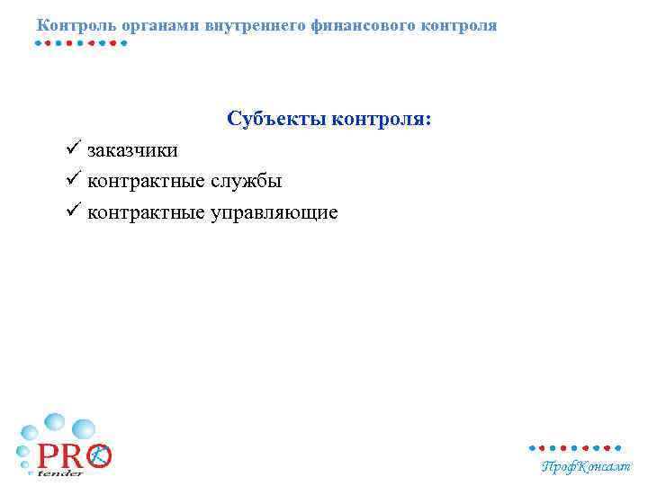Контроль органами внутреннего финансового контроля Субъекты контроля: ü заказчики ü контрактные службы ü контрактные