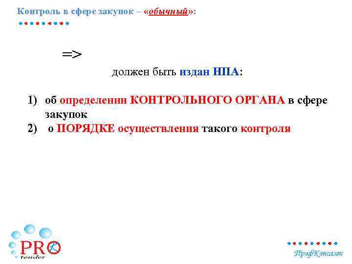 Контроль в сфере закупок – «обычный» : => должен быть издан НПА: 1) об