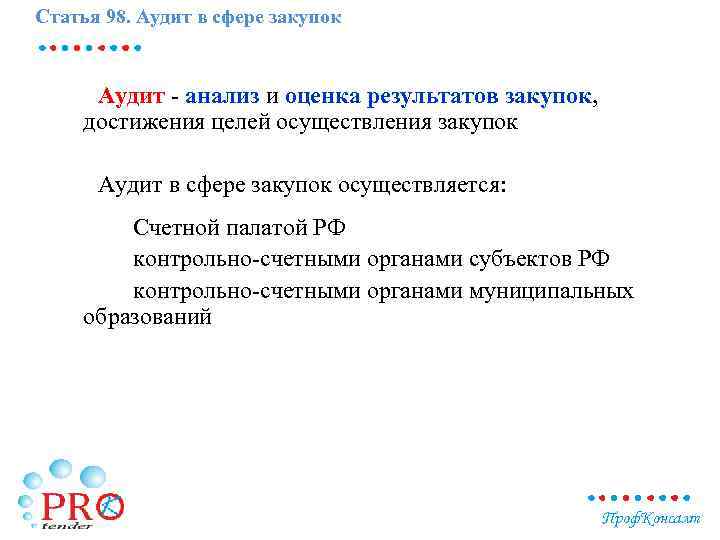 Статья 98. Аудит в сфере закупок Аудит - анализ и оценка результатов закупок, достижения